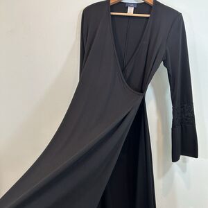 RAG Faux Wrap Midi Black Dress Size L Glitter Bell Sleeve Y2K Castlecore